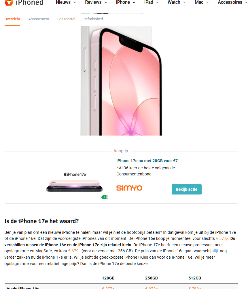 Voorbeeld affiliate marketing Simyo - ad in content iphoned